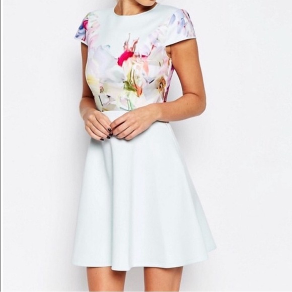 Ted Baker Rivana Fit & Flare Dress Light Blue Hanging Gardens Floral Size 0 US 2 - Picture 2 of 15